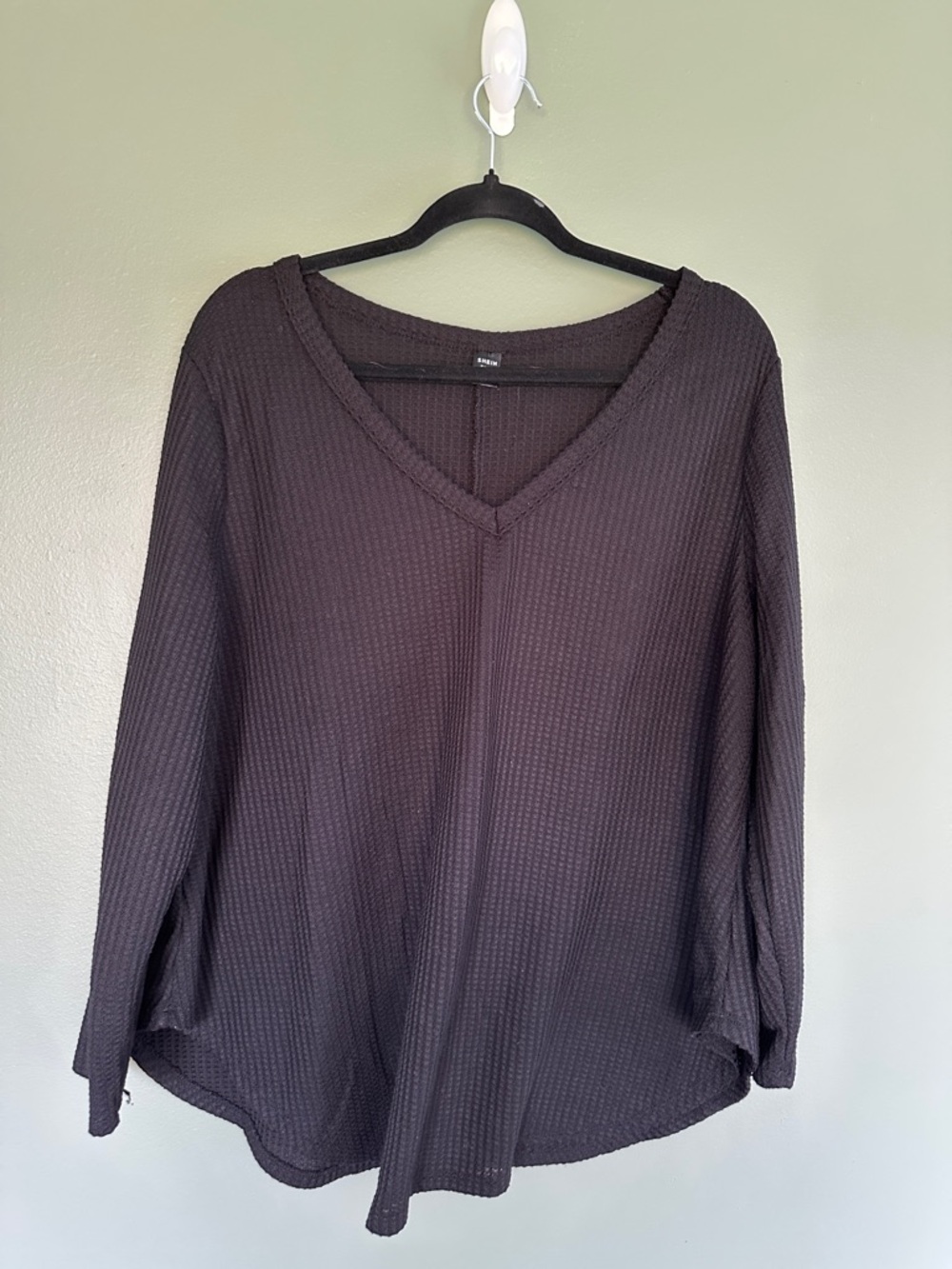 SHEIN Black Waffle V-Neck Long Sleeve Top